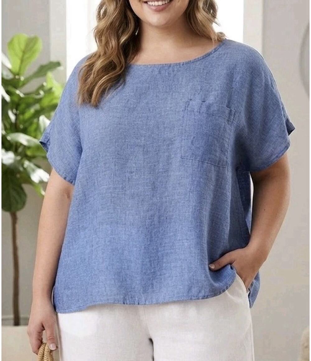 LL Bean Top Blue 100% Linen Lagenlook Coastal Sustainable Size 1X Boxy